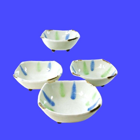 Footed Bowls Dipping Candy Nut Serving Gold Corner Accents Ceramic Set of 4 - Picture 5 of 6